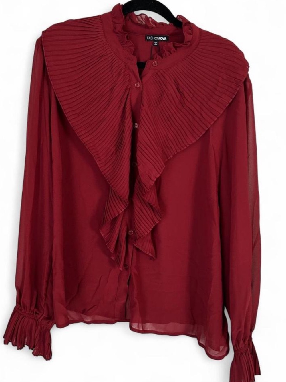 Fashion Nova Burgundy Pleated Ruffle Blouse